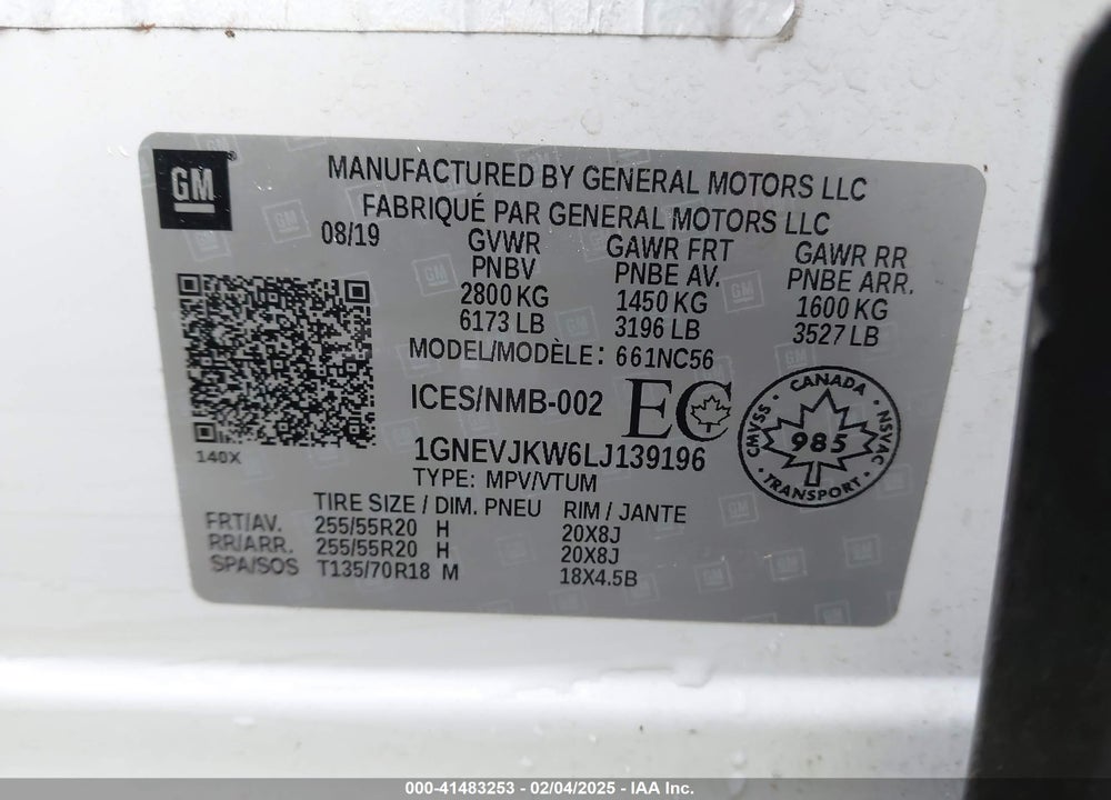 2020 CHEVROLET TRAVERSE AWD RS VIN: 1GNEVJKW6LJ139196