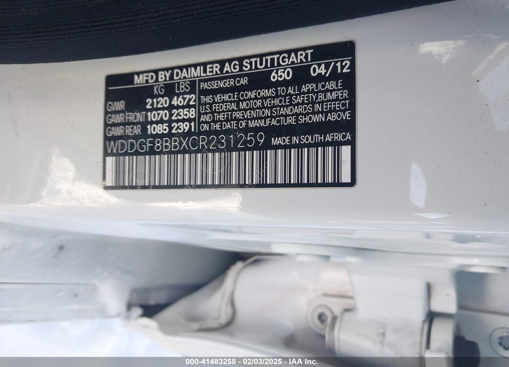2012 MERCEDES-BENZ 300 VIN: WDDGF8BBXCR231259