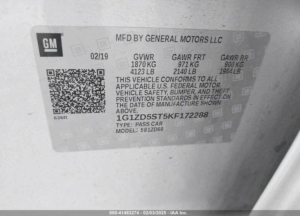 2019 CHEVROLET MALIBU VIN: 1G1ZD5ST5KF172288