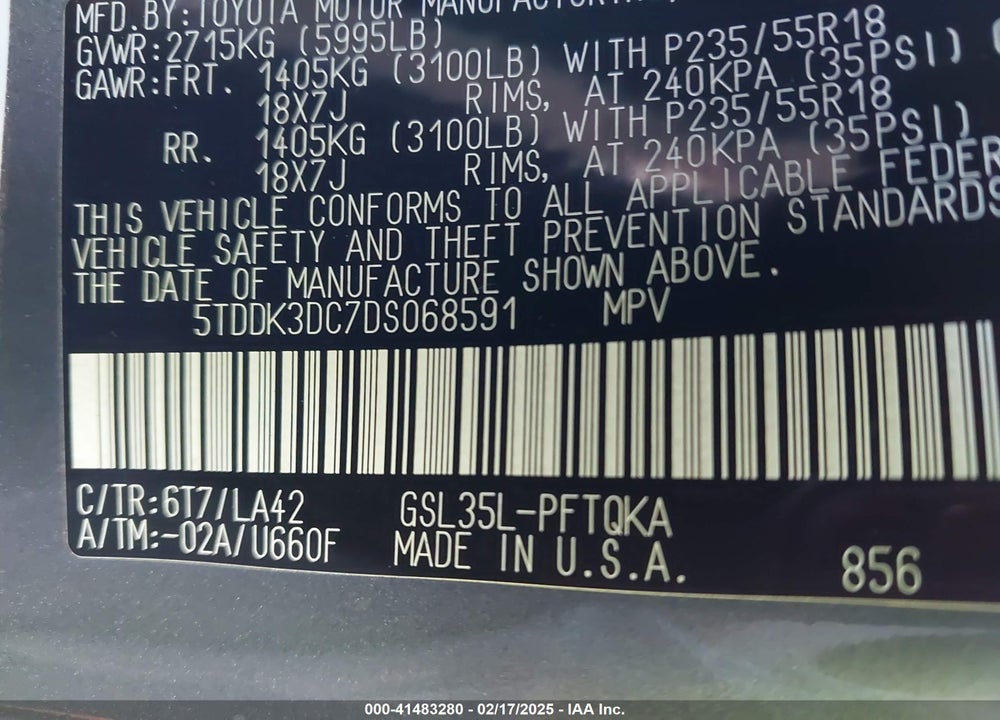 2013 TOYOTA SIENNA XLE LIMITED VIN: 5TDDK3DC7DS068591