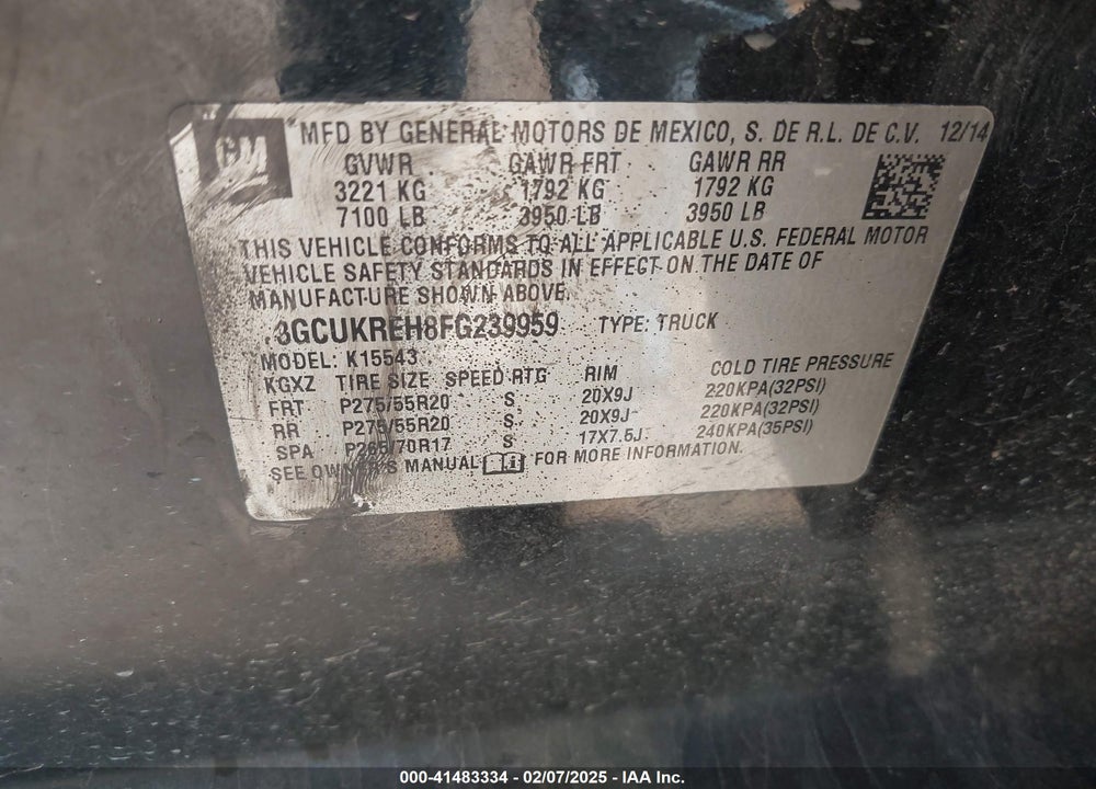 2015 CHEVROLET SILVERADO 1500 VIN: 3GCUKREH8FG239959