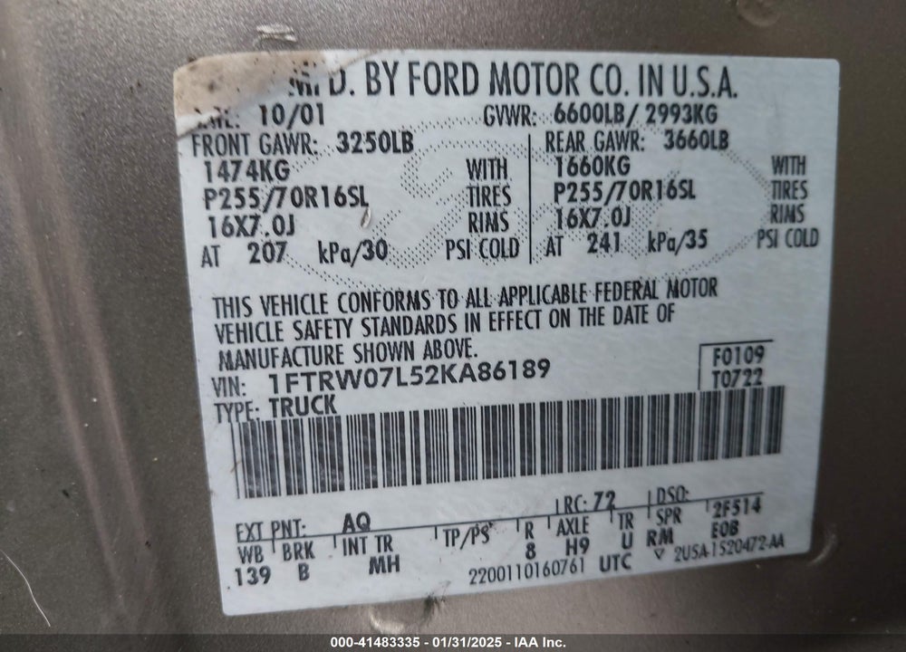 2002 FORD F-150 LARIAT/XLT VIN: 1FTRW07L52KA86189