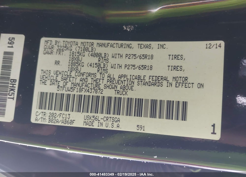 2015 TOYOTA TUNDRA VIN: 5TFUW5F18FX437872
