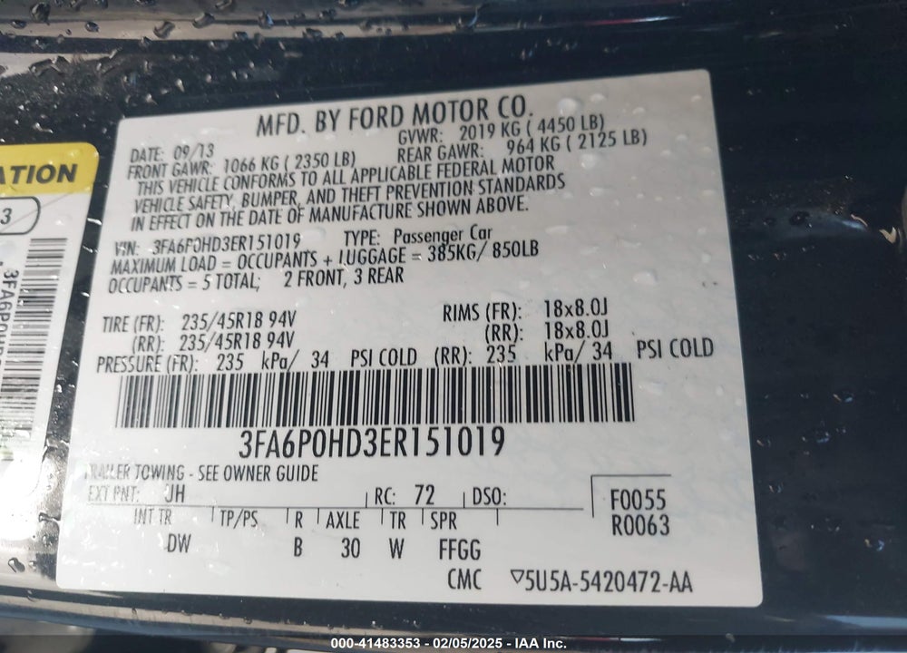 2014 FORD FUSION VIN: 3FA6P0HD3ER151019