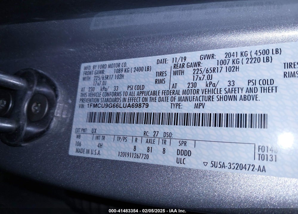 2020 FORD ESCAPE SE VIN: 1FMCU9G66LUA69879