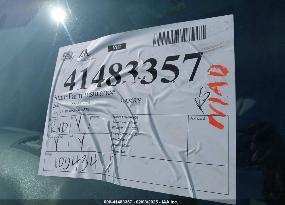 2007 TOYOTA CAMRY VIN: 4T1BE46K77U614388