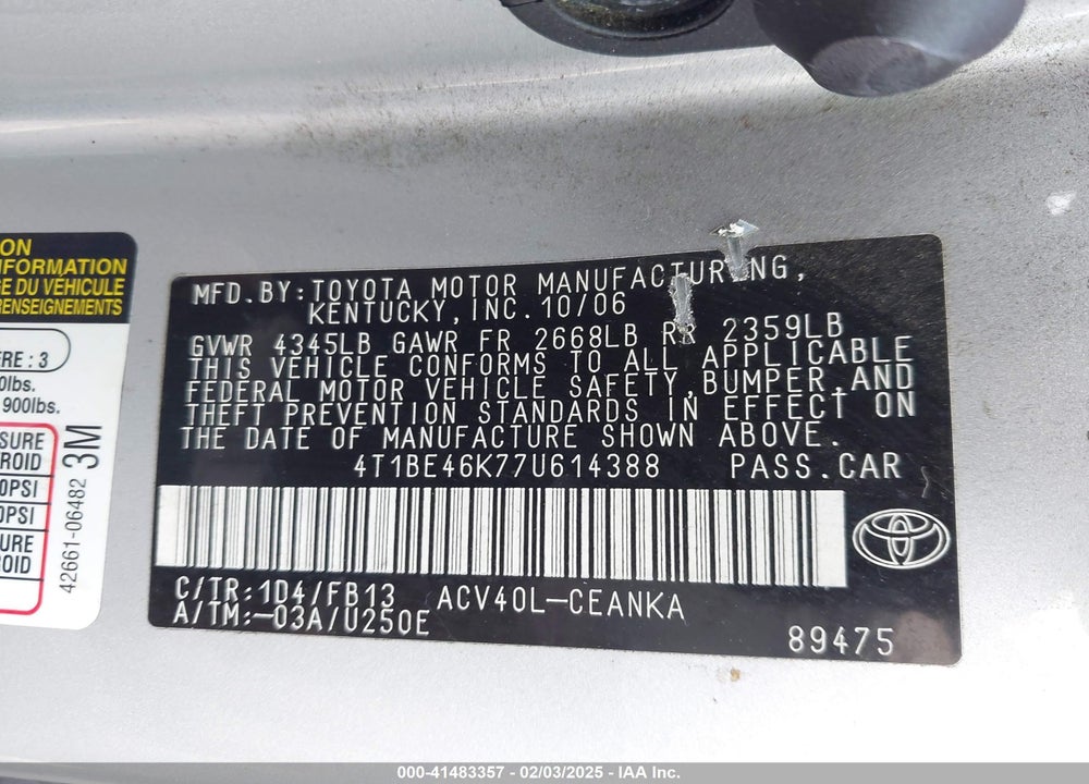 2007 TOYOTA CAMRY VIN: 4T1BE46K77U614388