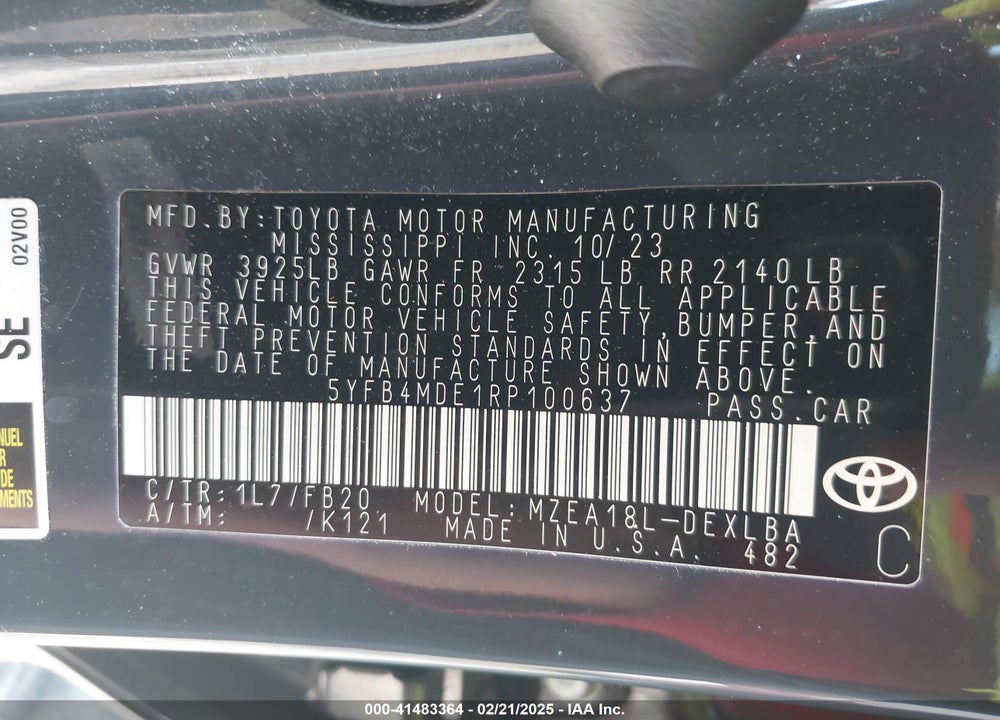 2024 TOYOTA COROLLA VIN: 5YFB4MDE1RP100637