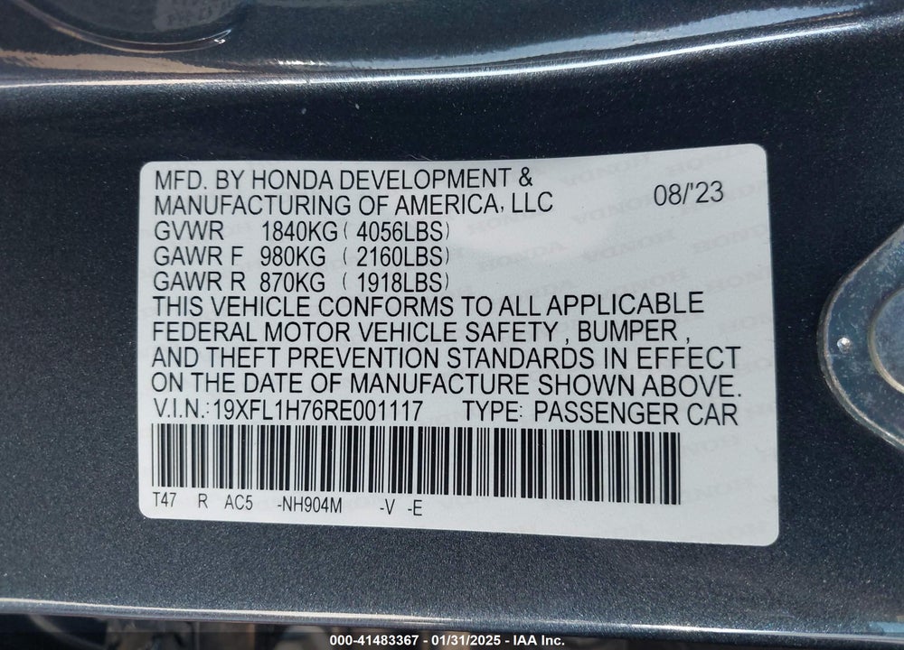 2024 HONDA CIVIC VIN: 19XFL1H76RE001117