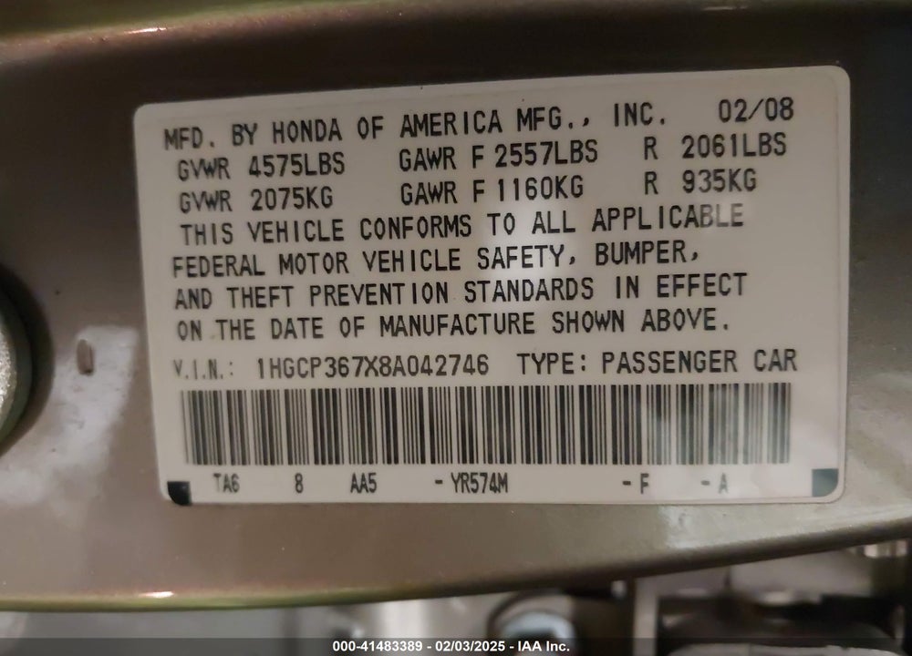 2008 HONDA ACCORD 3.5 EX VIN: 1HGCP367X8A042746