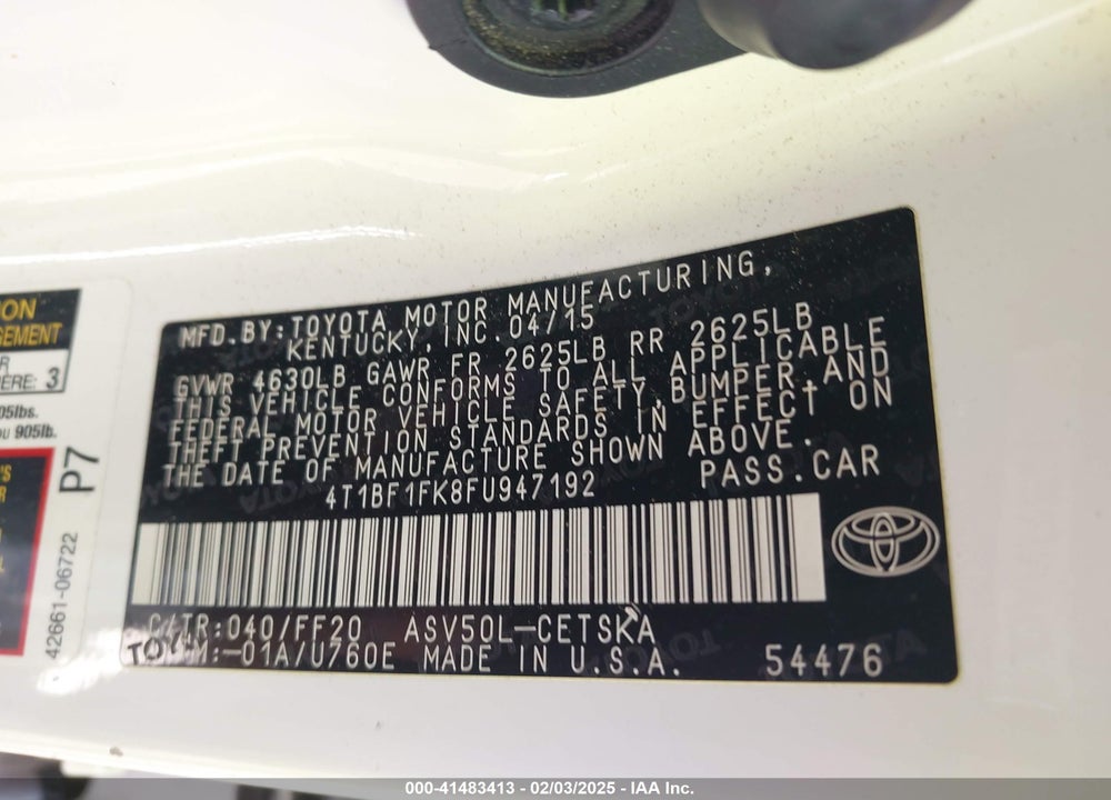 2015 TOYOTA CAMRY SE VIN: 4T1BF1FK8FU947192
