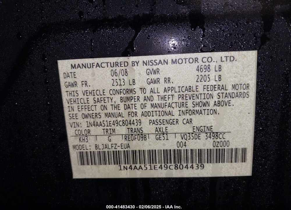 2009 NISSAN MAXIMA 3.5 SV VIN: 1N4AA51E49C804439