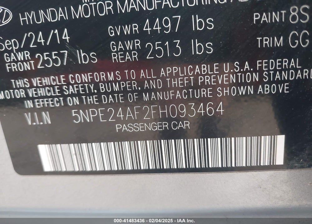 2015 HYUNDAI SONATA VIN: 5NPE24AF2FH093464
