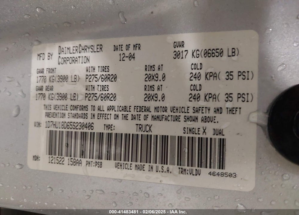 2005 DODGE RAM 1500 SLT/LARAMIE VIN: 1D7HU18D65S230406