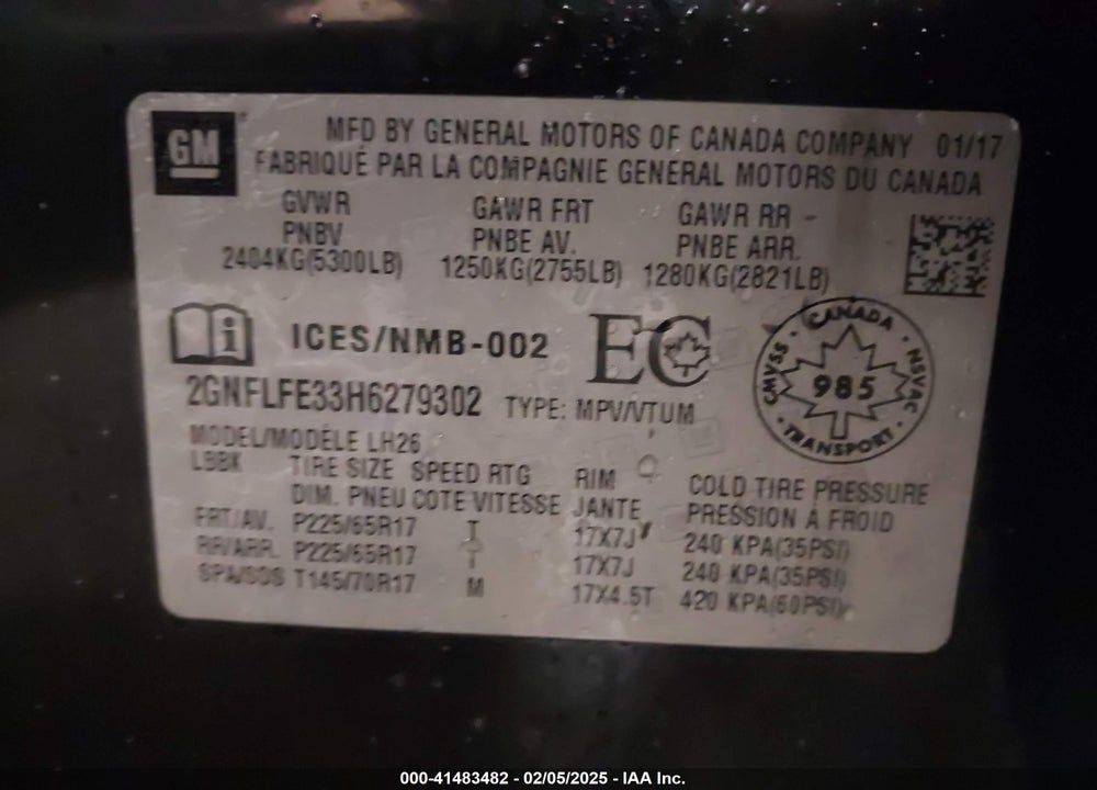 2017 CHEVROLET EQUINOX VIN: 2GNFLFE33H6279302
