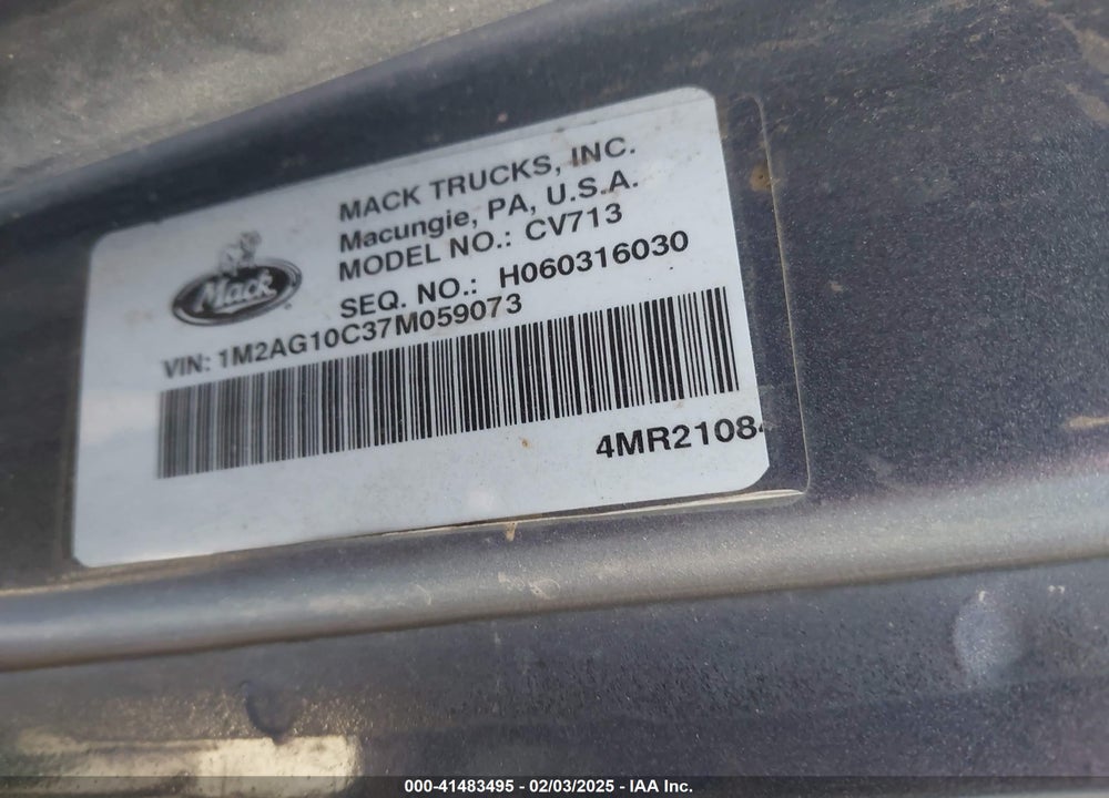 2007 MACK CV713 CV700 VIN: 1M2AG10C37M059073