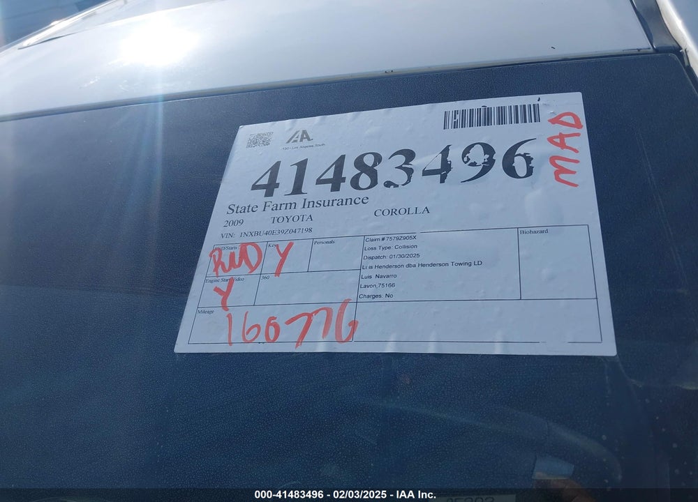 2009 TOYOTA COROLLA VIN: 1NXBU40E39Z047198