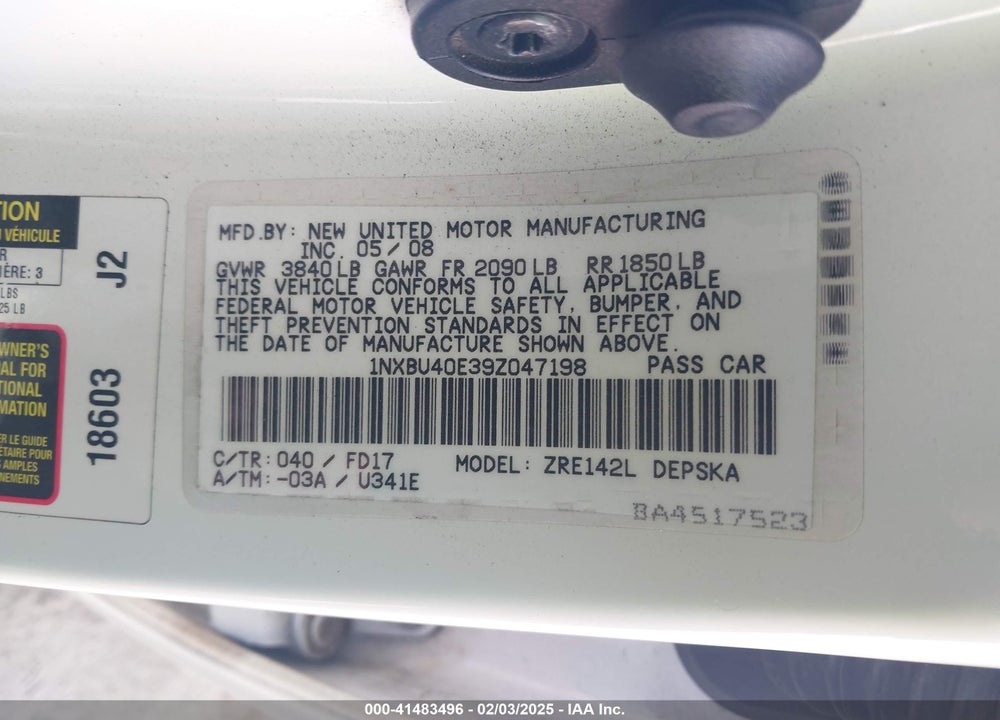 2009 TOYOTA COROLLA VIN: 1NXBU40E39Z047198