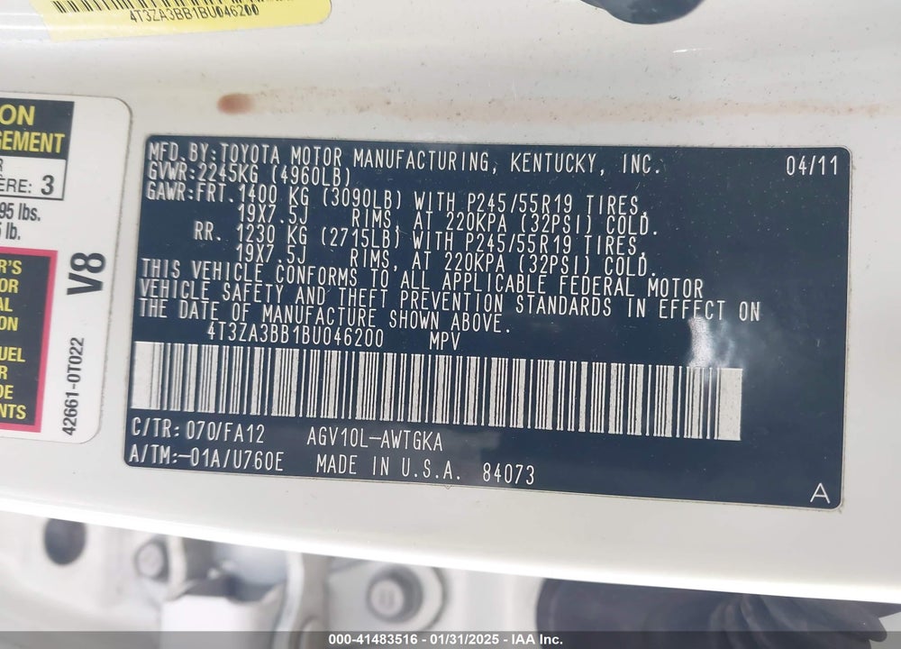2011 TOYOTA VENZA VIN: 4T3ZA3BB1BU046200