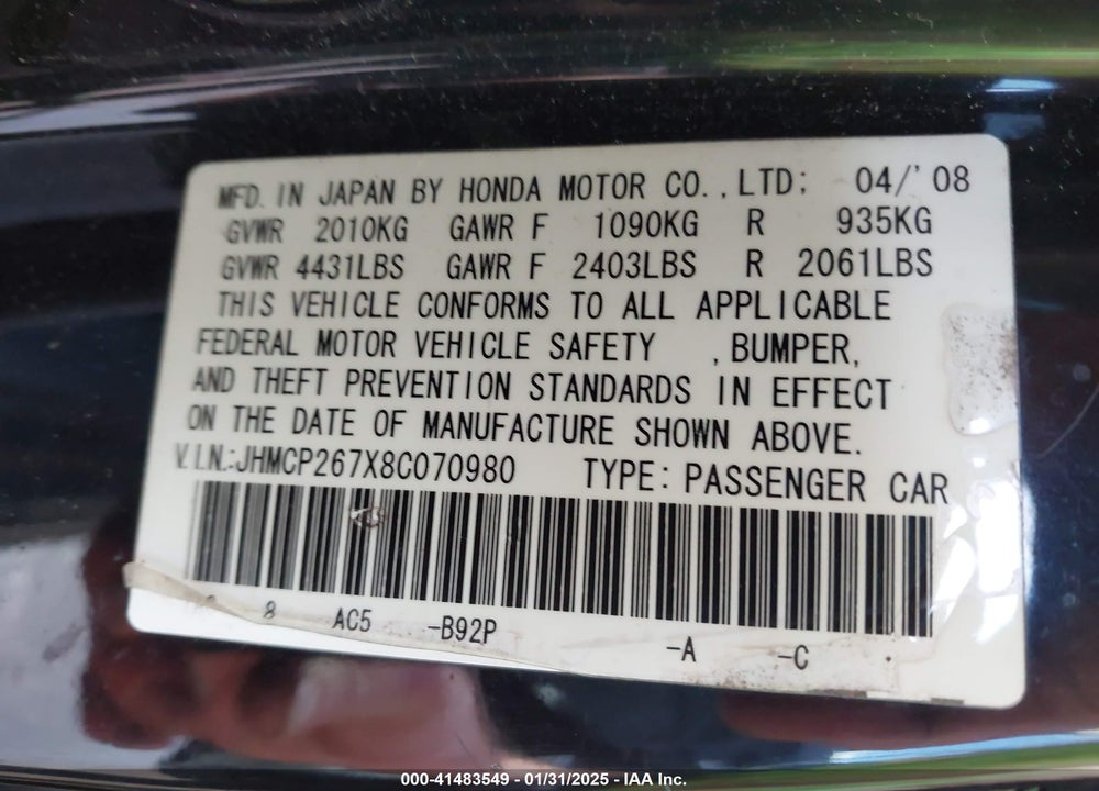 2008 HONDA ACCORD 2.4 EX VIN: JHMCP267X8C070980