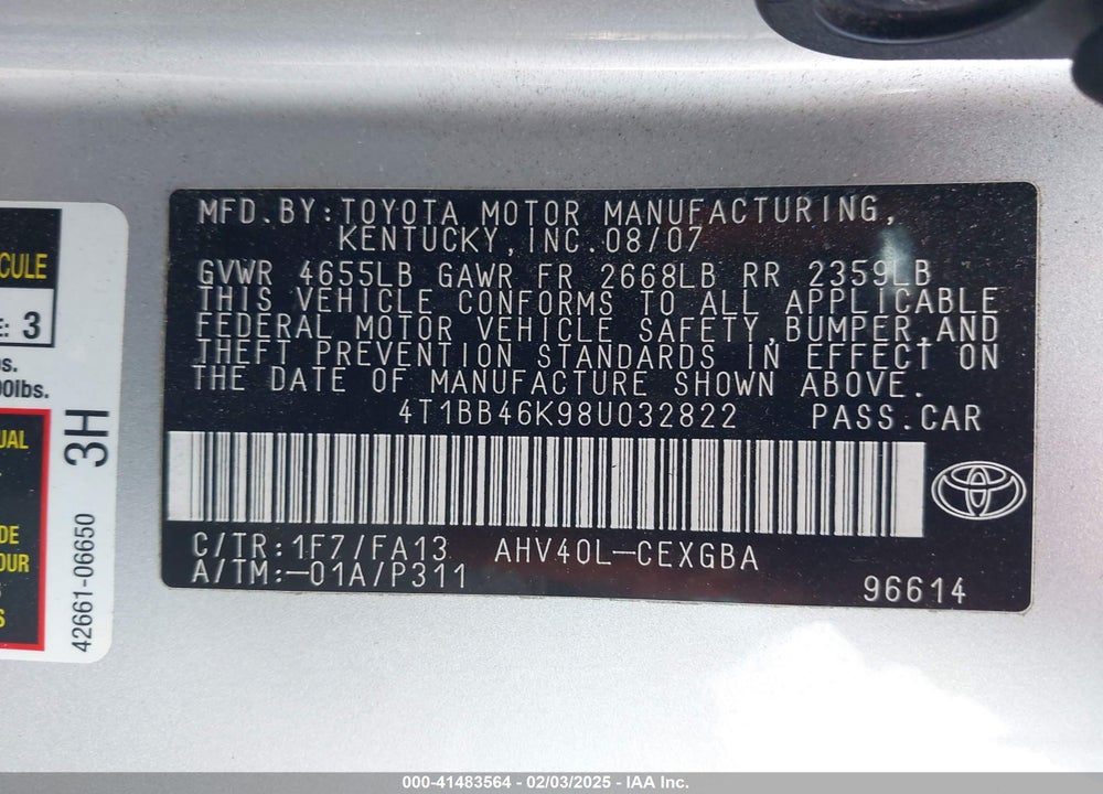2008 TOYOTA CAMRY HYBRID VIN: 4T1BB46K98U032822