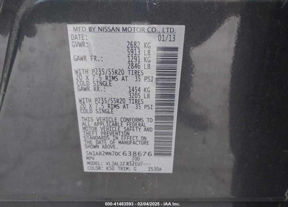 2013 NISSAN PATHFINDER PLATINUM VIN: 5N1AR2MN7DC638676