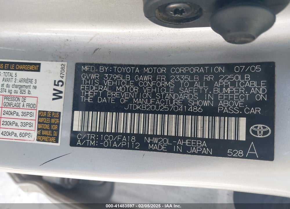 2005 TOYOTA PRIUS VIN: JTDKB20U257041486