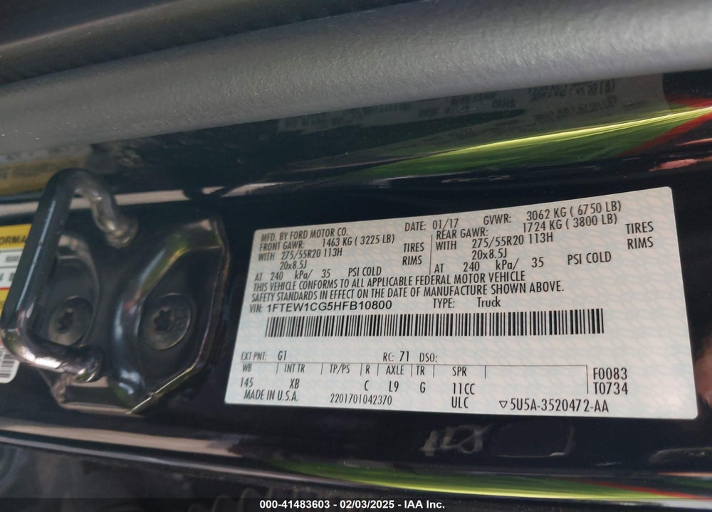 2017 FORD F-150 VIN: 1FTEW1CG5HFB10800