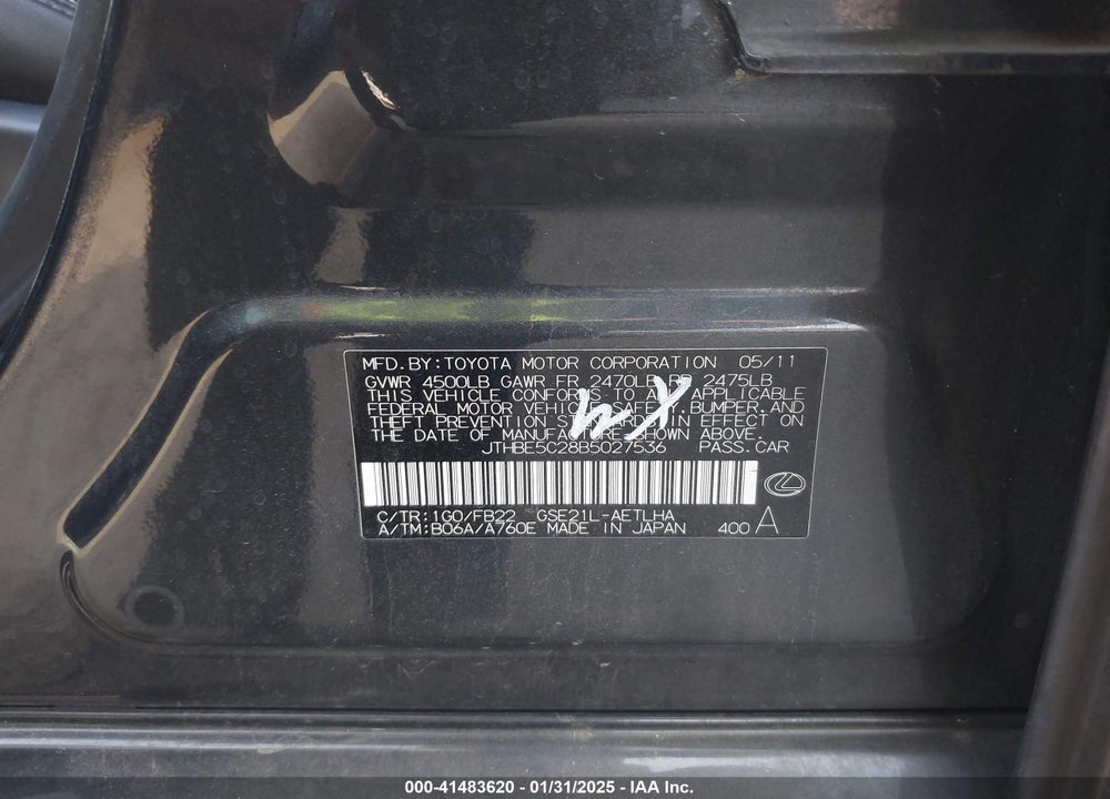 2011 LEXUS IS 350 VIN: JTHBE5C28B5027536