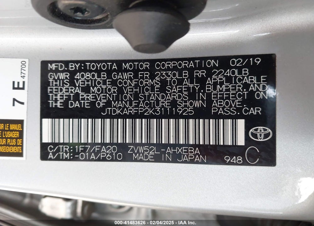 2019 TOYOTA PRIUS PRIME PLUS VIN: JTDKARFP2K3111925