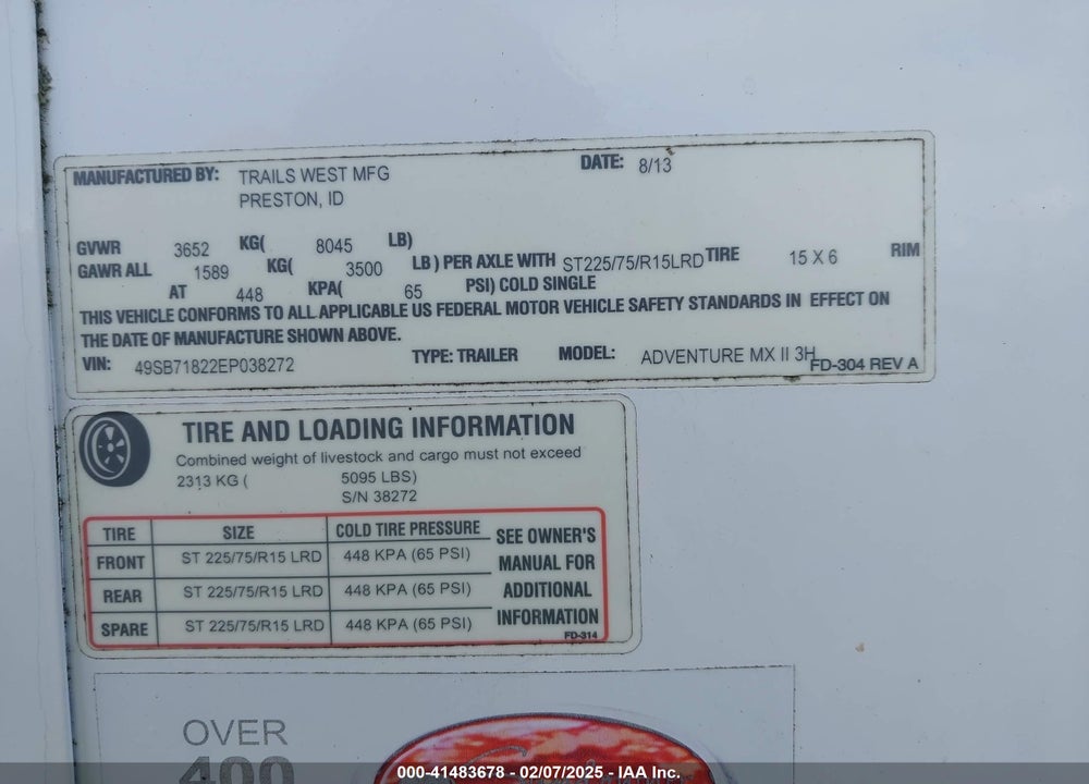 2014 TRAI ADVENTURE VIN: 49SB71822EP038272
