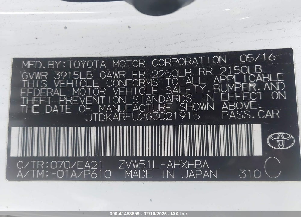 2016 TOYOTA PRIUS VIN: JTDKARFU2G3021915