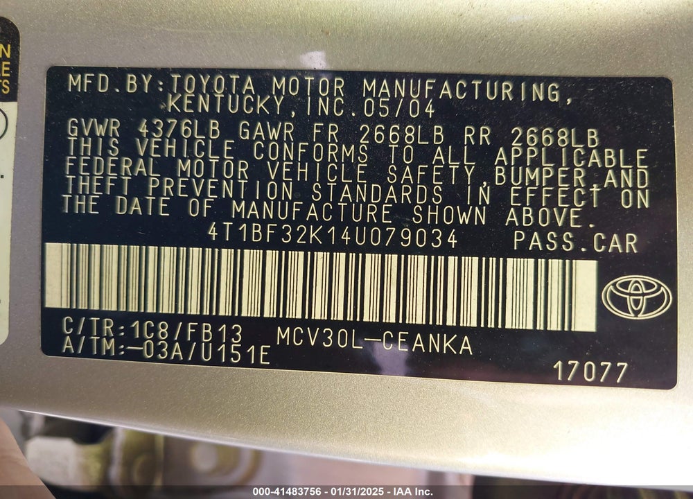 2004 TOYOTA CAMRY VIN: 4T1BF32K14U079034