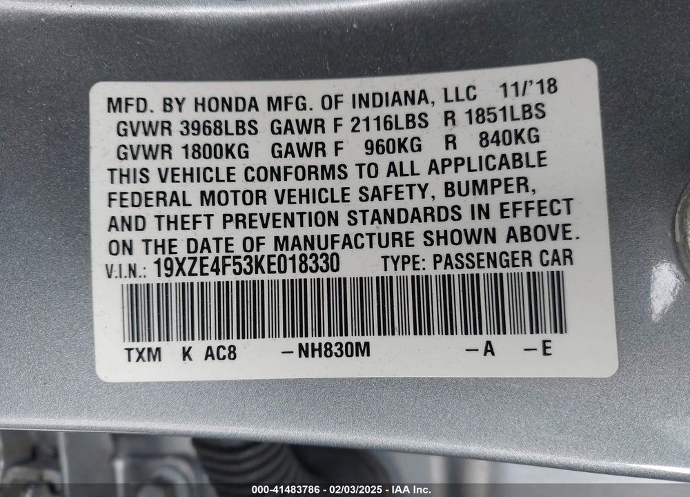2019 HONDA INSIGHT VIN: 19XZE4F53KE018330