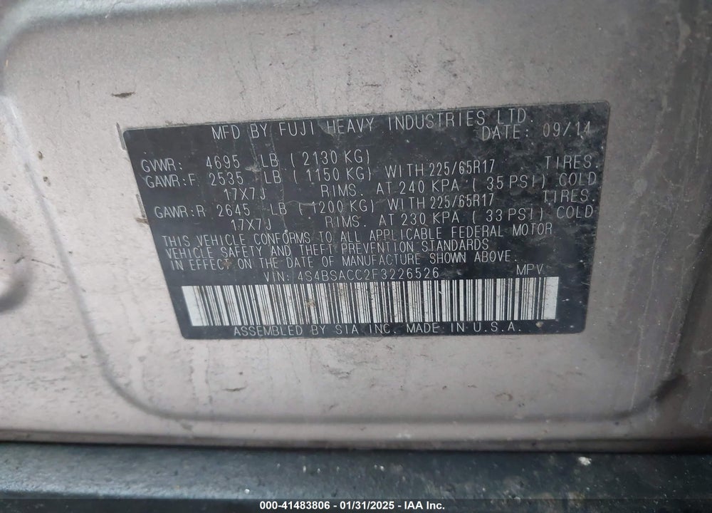 2015 SUBARU OUTBACK 2.5I PREMIUM VIN: 4S4BSACC2F3226526
