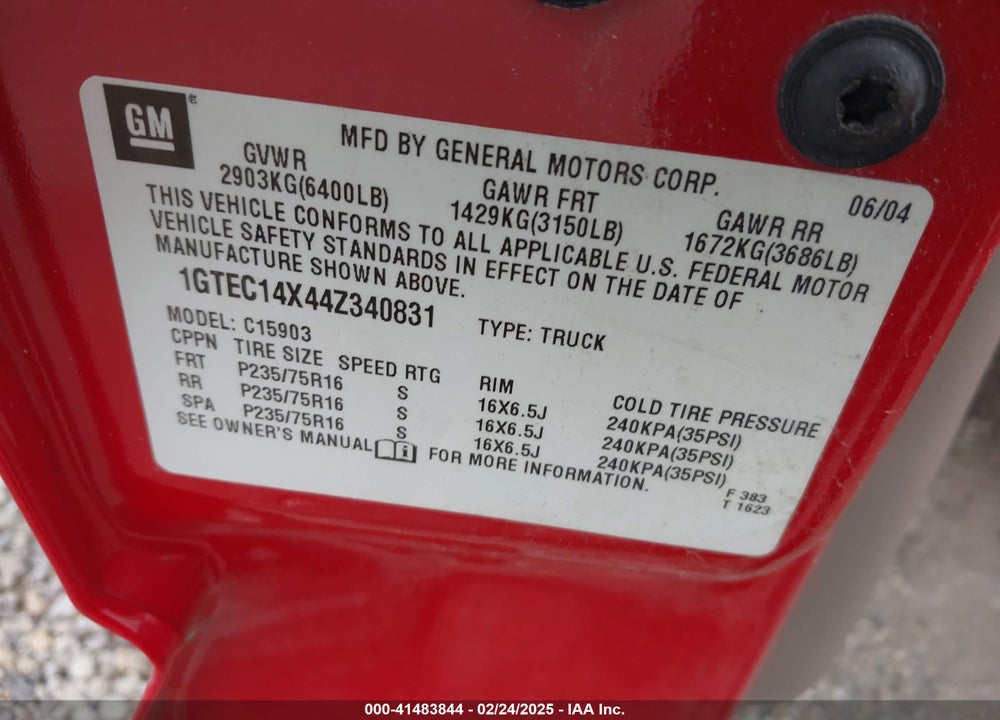 2004 GMC SIERRA 1500 WORK TRUCK VIN: 1GTEC14X44Z340831