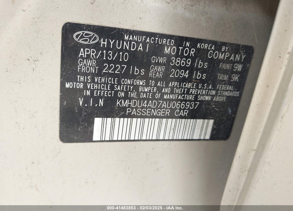 2010 HYUNDAI ELANTRA VIN: KMHDU4AD7AU066937