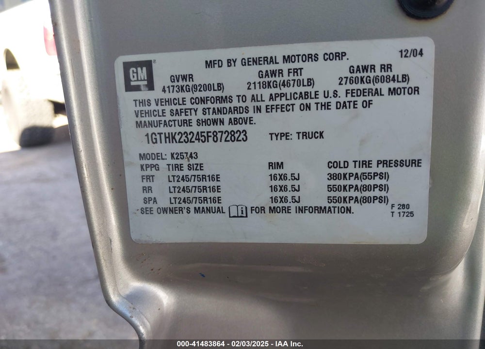 2005 GMC SIERRA 2500HD SLT VIN: 1GTHK23245F872823