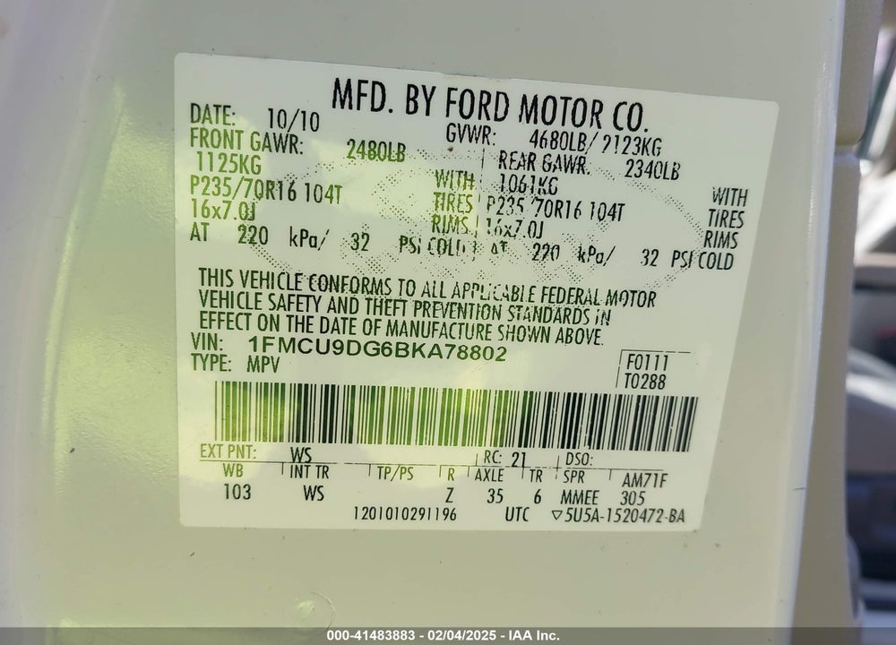 2011 FORD ESCAPE XLT VIN: 1FMCU9DG6BKA78802