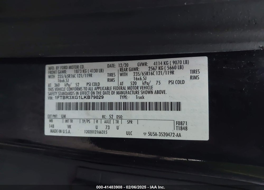 2020 FORD TRANSIT-250 CARGO VAN VIN: 1FTBR3XG1LKB79029