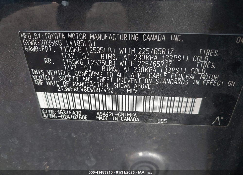 2014 TOYOTA RAV4 XLE VIN: 2T3WFREV8EW097422