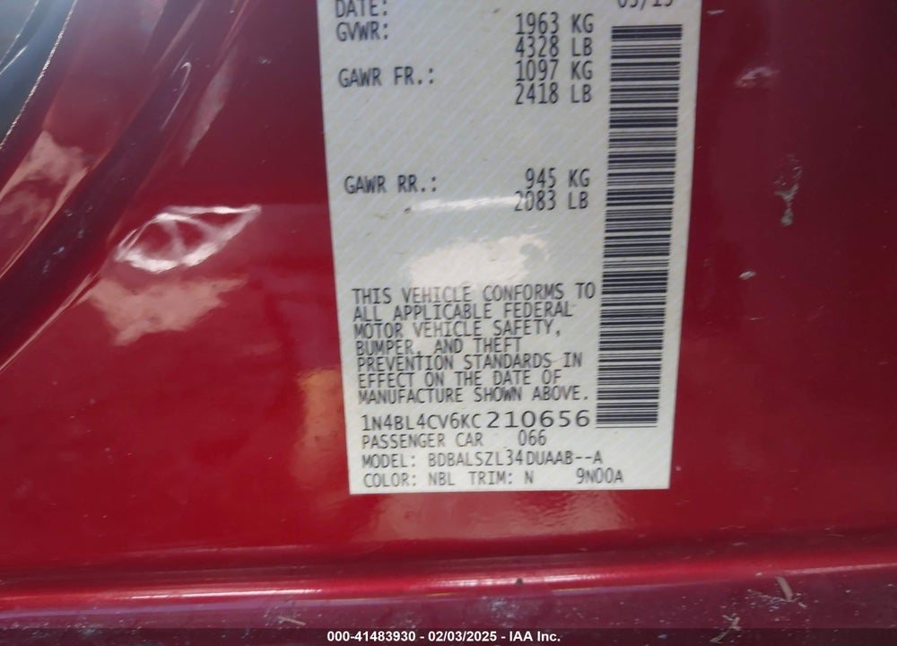 2019 NISSAN ALTIMA 2.5 SR VIN: 1N4BL4CV6KC210656