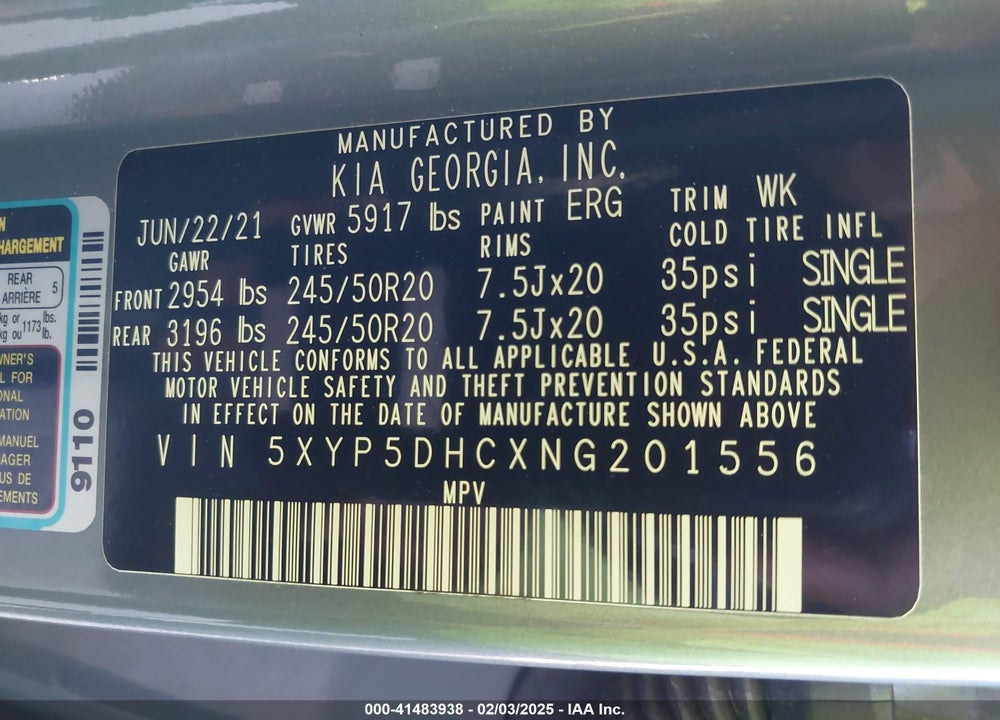 2022 KIA TELLURIDE VIN: 5XYP5DHCXNG201556