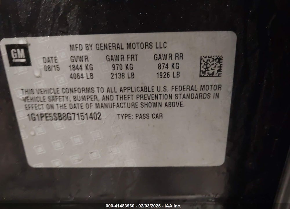2016 CHEVROLET CRUZE LIMITED VIN: 1G1PE5SB8G7151402