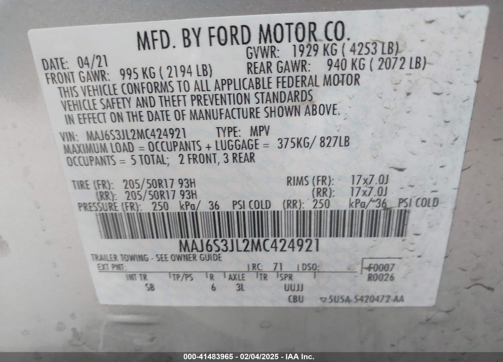 2021 FORD ECOSPORT SES VIN: MAJ6S3JL2MC424921