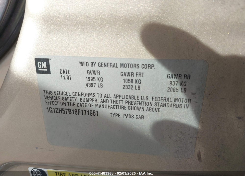 2008 CHEVROLET MALIBU LT VIN: 1G1ZH57B18F171961