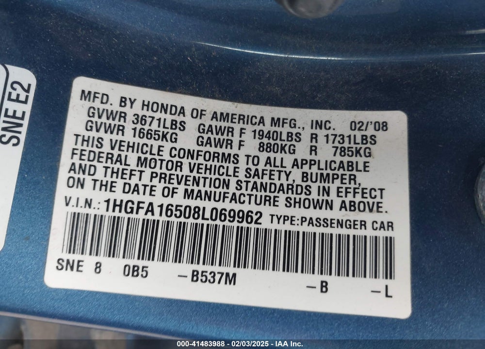 2008 HONDA CIVIC VIN: 1HGFA16508L069962