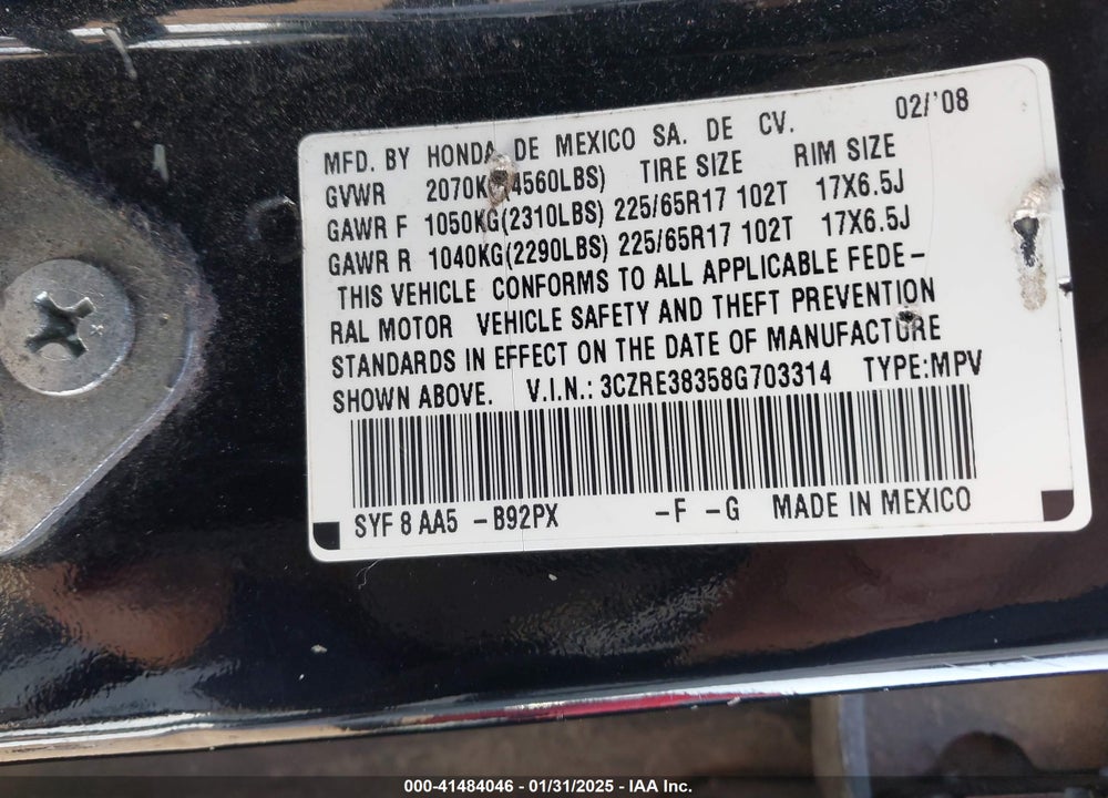 2008 HONDA CR-V LX VIN: 3CZRE38358G703314