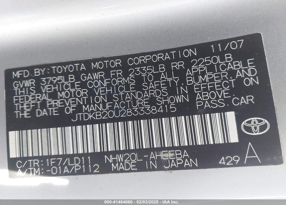 2008 TOYOTA PRIUS VIN: JTDKB20U283338415