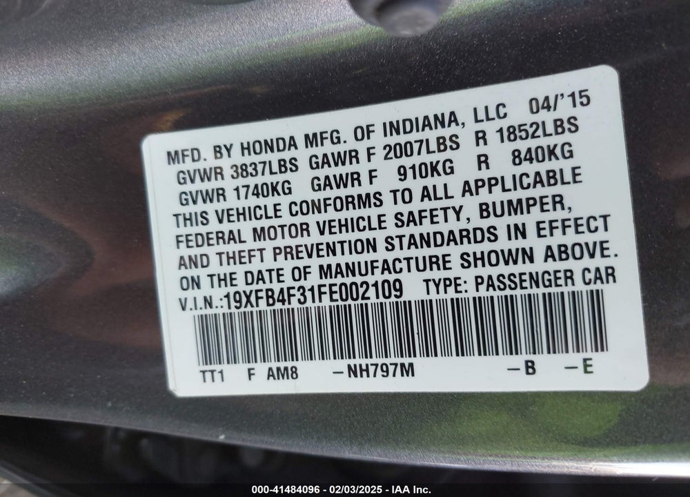 2015 HONDA CIVIC HYBRID VIN: 19XFB4F31FE002109